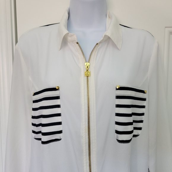 Anne Klein Roll Tab Sleeve Navy Blue White Striped Full Zip Semi Sheer Blouse L - Picture 2 of 11